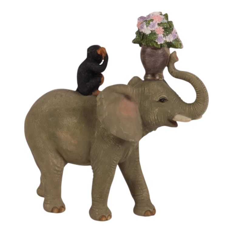 Statue d'éléphant avec singe - brun - 17 cm