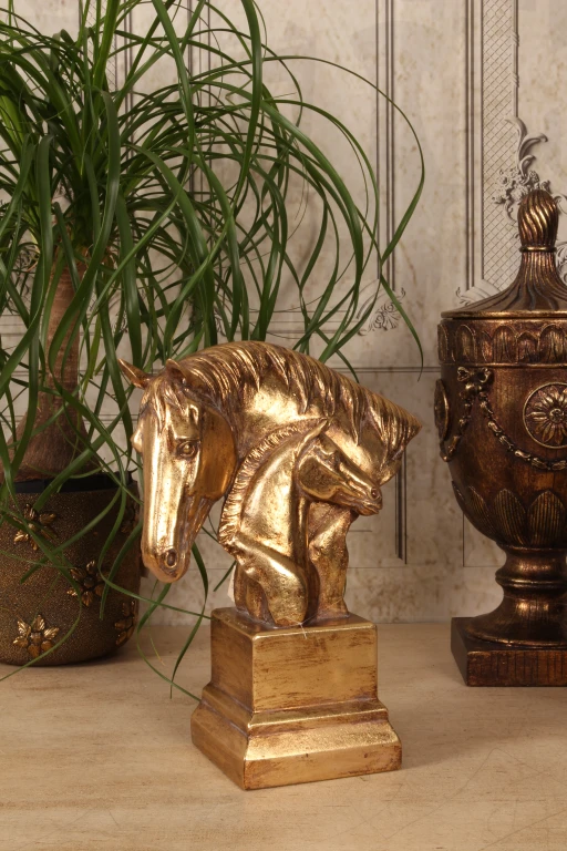 Statue têtes de cheval - or - 30 cm