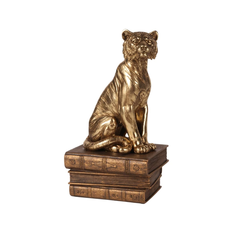 Statue de tigre sur des livres - or - 29 cm