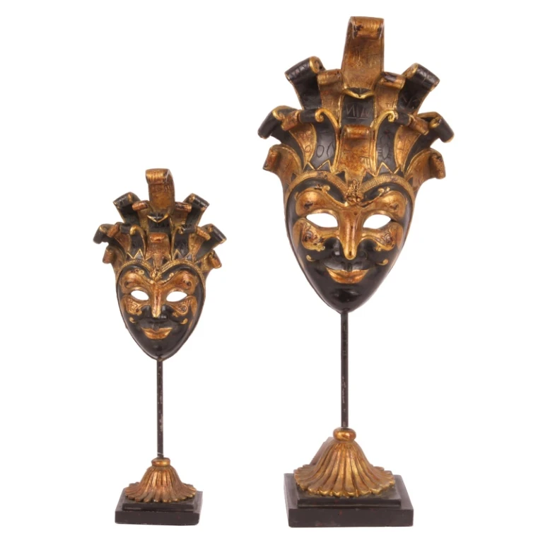 Masque décoratif sur pied - noir/or - 28 cm - résine synthétique