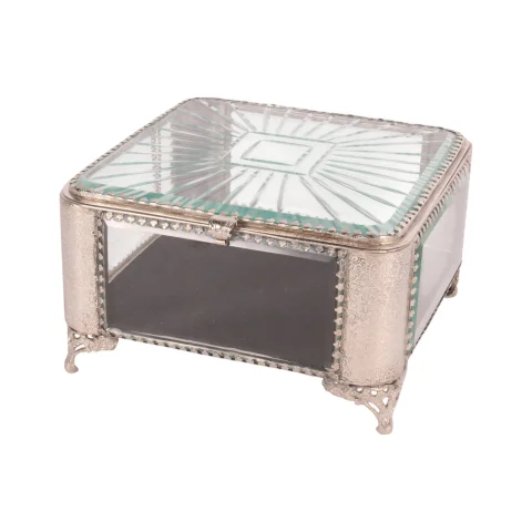 Opbergdoos vierkant - 21 x 21 x 13 cm - zilver - glas