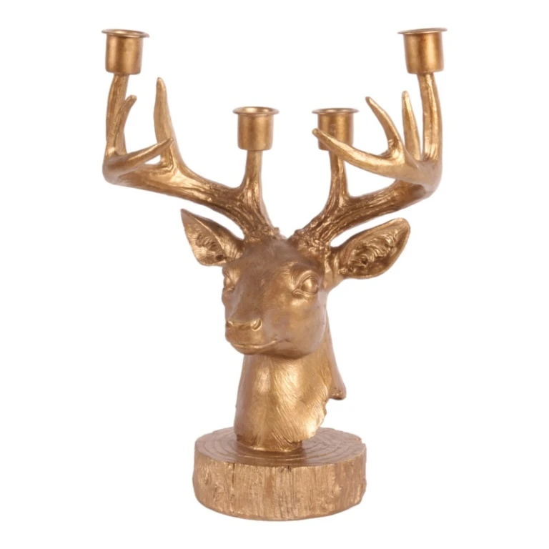 Candélabre Cerf - 31,5 cm - or - résine synthétique