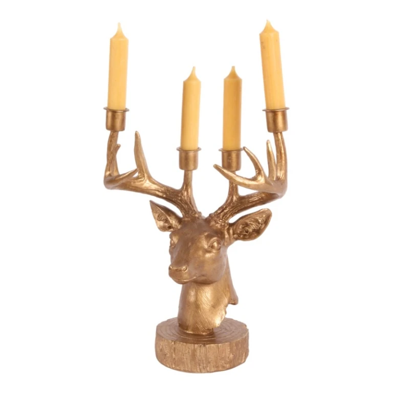 Candélabre Cerf - 31,5 cm - or - résine synthétique