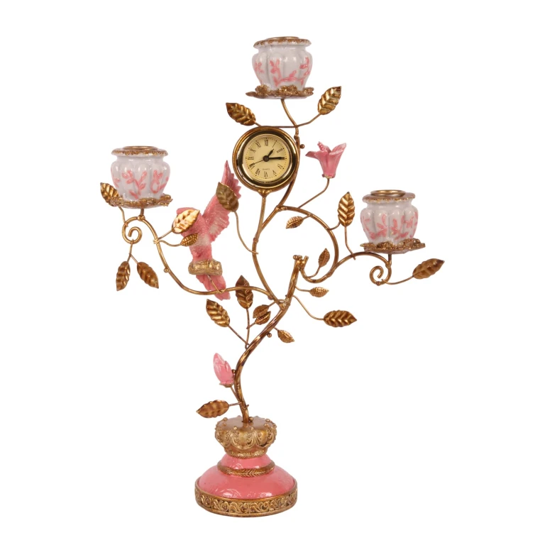 Candélabre Perroquet avec horloge - 32 cm - rose - résine synthétique