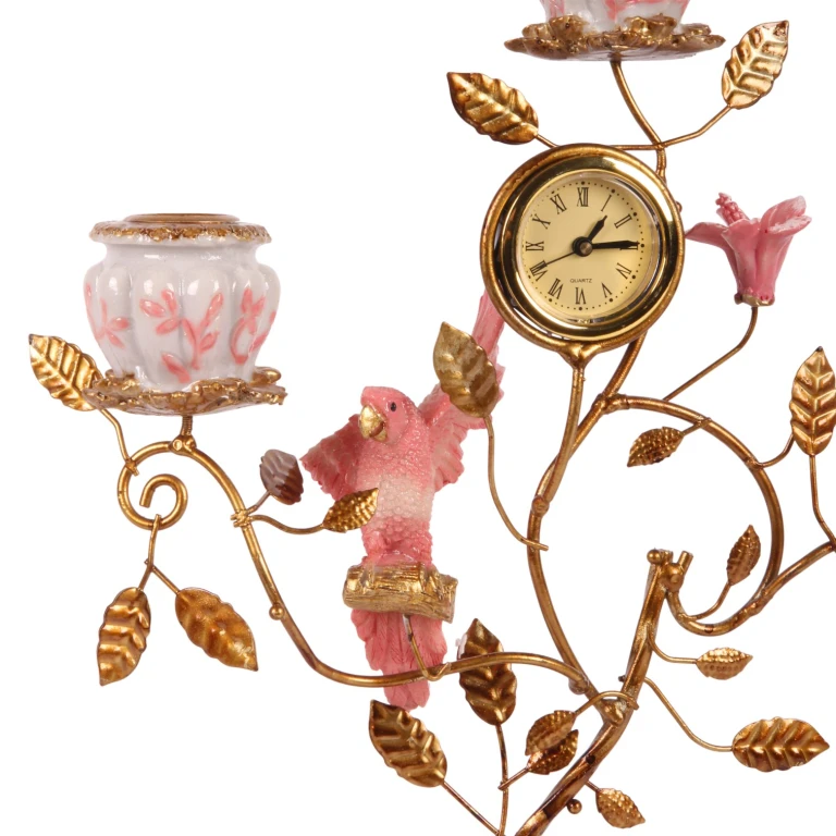 Candélabre Perroquet avec horloge - 32 cm - rose - résine synthétique