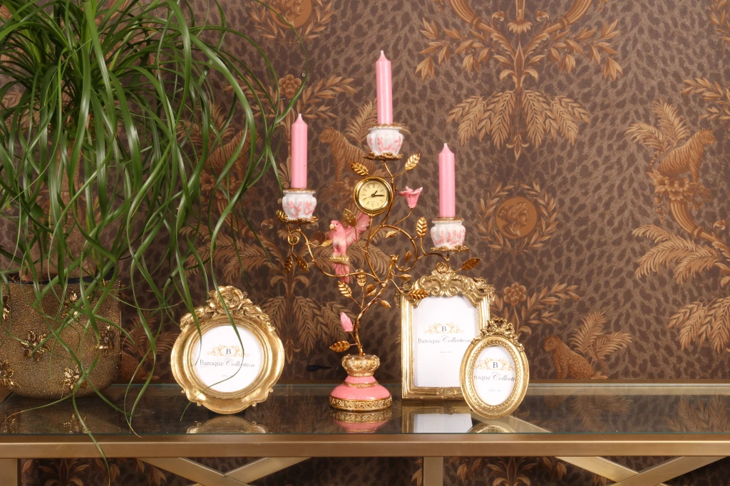 Candélabre Perroquet avec horloge - 32 cm - rose - résine synthétique
