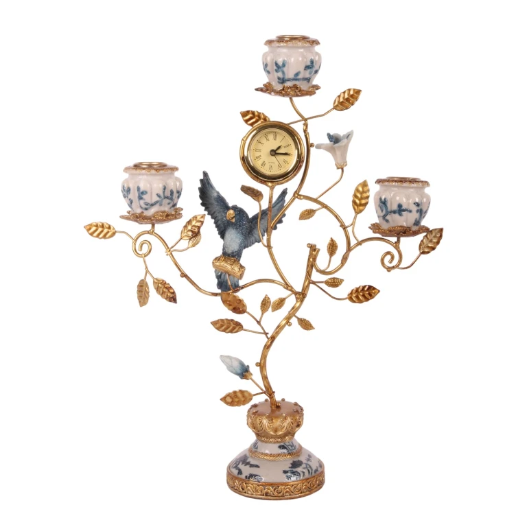 Candélabre Perroquet avec horloge - 32 cm - bleu - résine synthétique