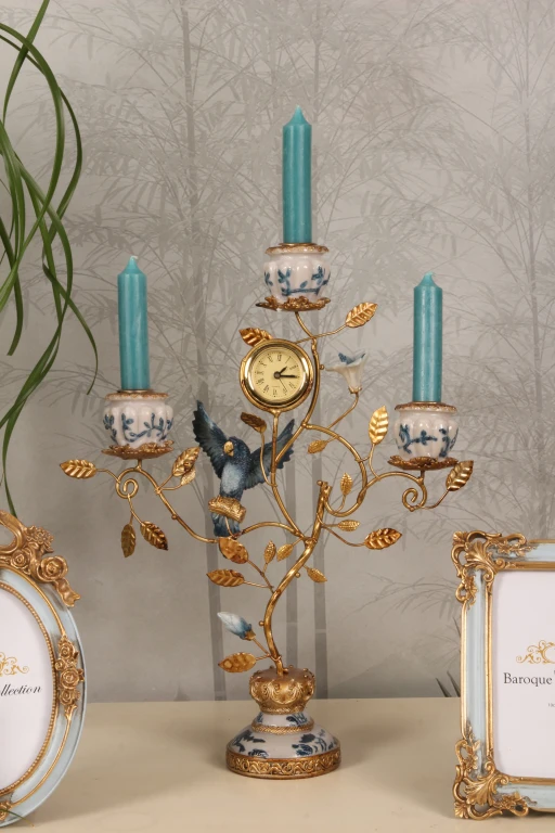 Candélabre Perroquet avec horloge - 32 cm - bleu - résine synthétique