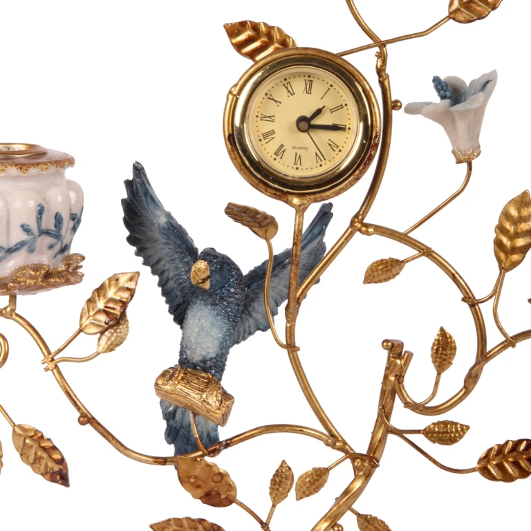 Candélabre Perroquet avec horloge - 32 cm - bleu - résine synthétique