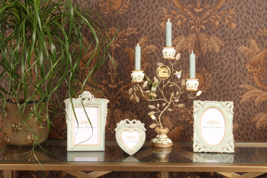 Candélabre Perroquet avec horloge - 32 cm - vert - résine synthétique