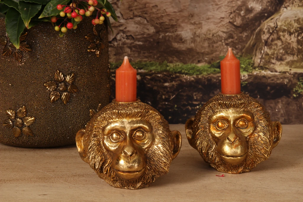 Candélabre singe - 9 cm - or - résine synthétique