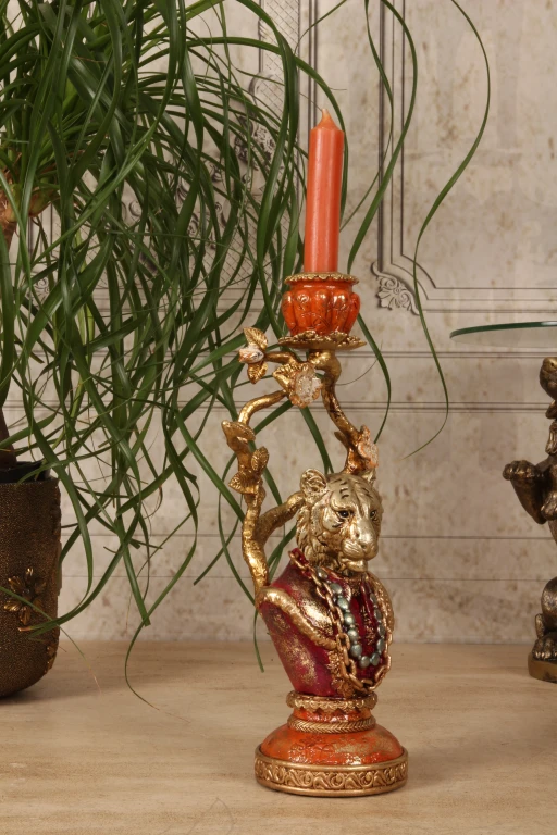 Candélabre Lion - 31 cm - or - résine synthétique