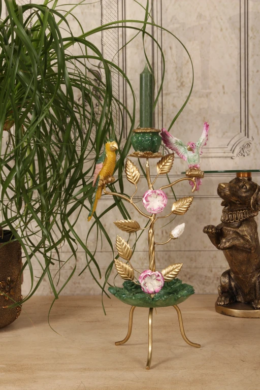 Candélabre Oiseaux - 38,5 cm - vert - résine synthétique
