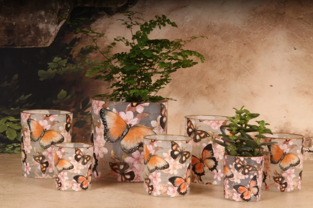 Bougeoir à bougies avec papillons - rose - verre - 15 cm