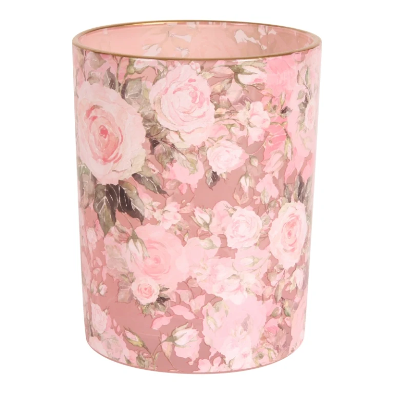 Bougeoir à bougie imprimé fleurs - rose - verre - 12,5 cm