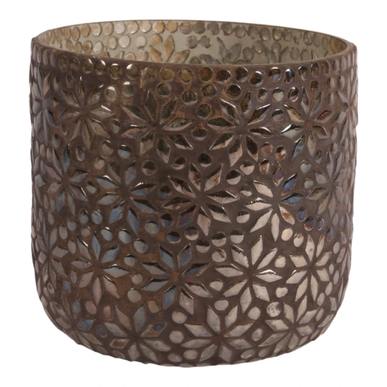 Bougeoir à bougie motif mosaïque fleur - brun - verre - 17 cm