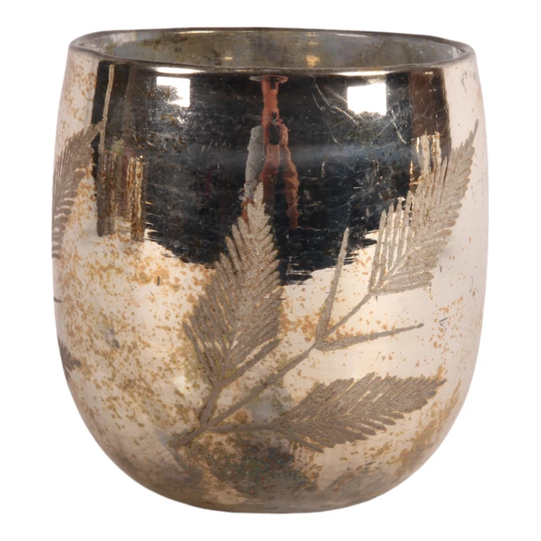 Bougeoir à feuilles - 16 cm - doré - verre