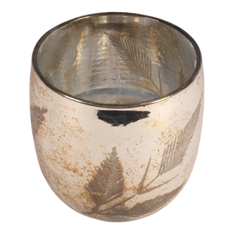 Bougeoir à feuilles - 16 cm - doré - verre