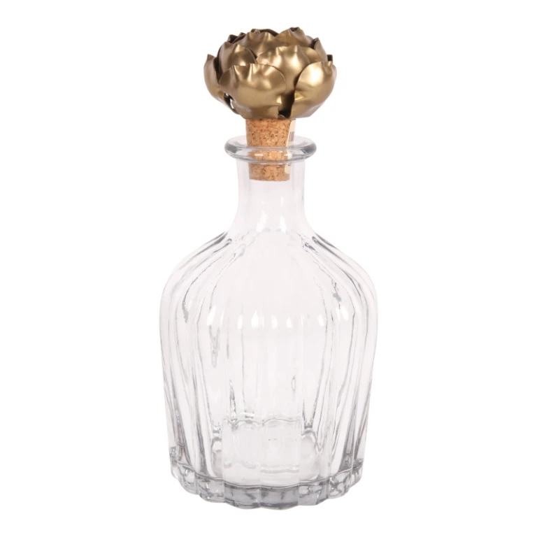Flacon décoratif avec bouchon en rose - 20 cm - or - bois